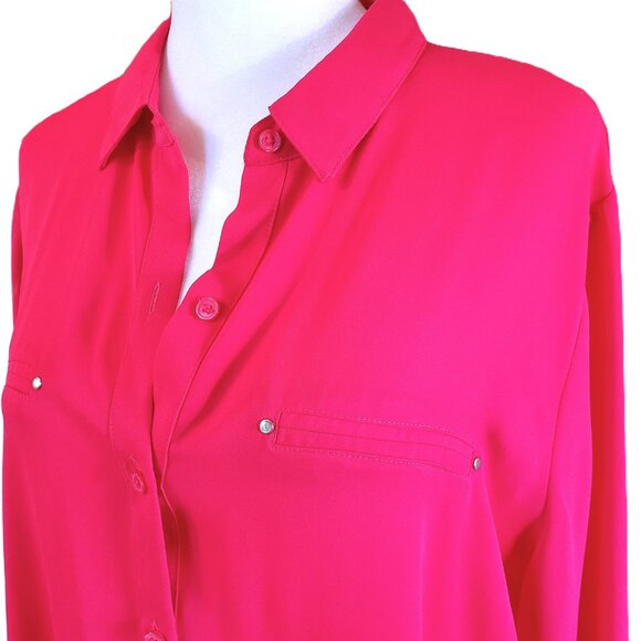Apt 9 Hot Pink Button Up Blouse Long Roll Tab Sleeves Womens Sz XL Career Office - Picture 2 of 9